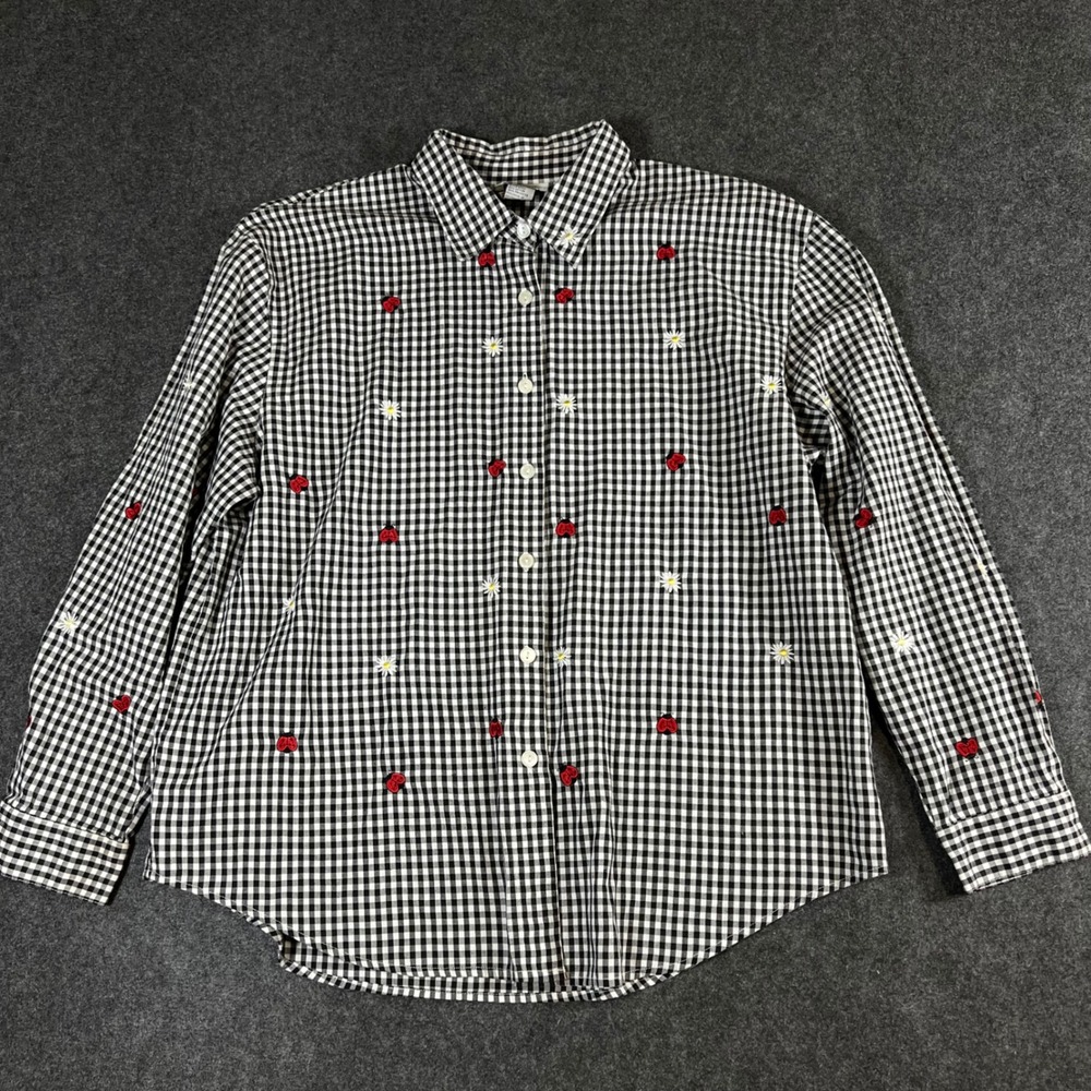 Teddi Vintage Gingham Ladybug Daisy Embroidered Button Down Shirt XL Cottagecore